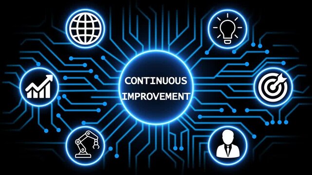 continuous improvement concept with circuit lines and digital symbols hovering above a businessman, technology. manufacturing process management all connected in a digital circle like pattern.