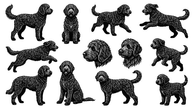 Hand drawn vintage engraved black and white goldendoodle dog vector illustration set in various poses