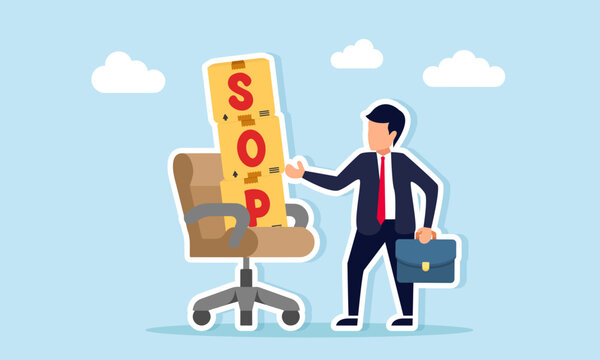 Businessman standing near chair with stacked boxes labeled SOP illustration of agreement in standard operating procedure