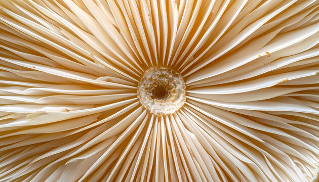 Close up of mushroom gills showing detailed texture and radial pattern