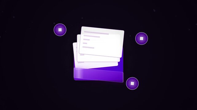 Purple folder with white document icons floating, ideal for digital organization, file management, online storage, technology, productivity, and virtual workspace.