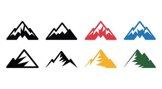 Colorful mountain range silhouette vector set featuring layered landscape graphics for nature, travel, and outdoor design elements.