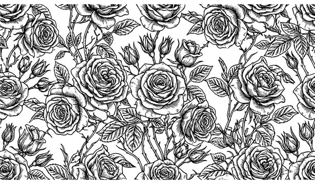 Detailed black and white rose seamless pattern with intricate floral engraving style botanical design