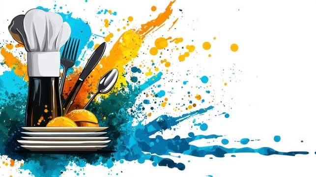 Abstract Culinary Splash Illustration with Chef Hat, Utensils, and Food