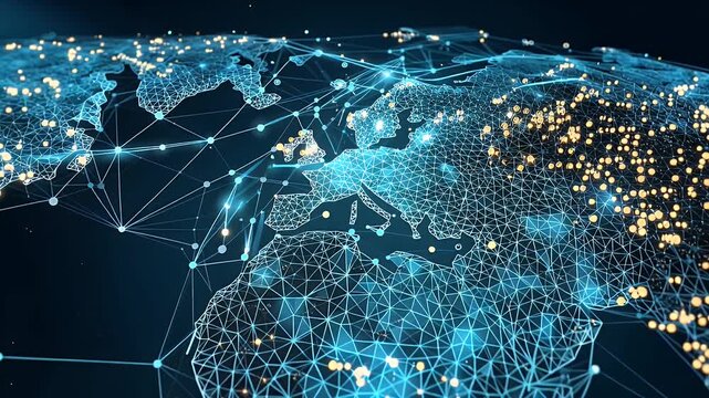 Global network digital connection with world map representing world communication and internet infrastructure for data exchange between continents in high speed electronic tech motion visual.