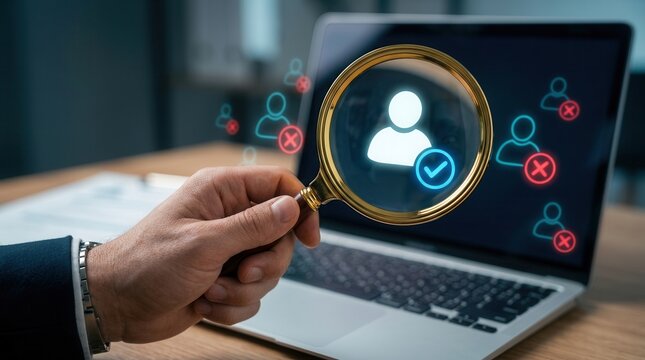 Recruitment and HR tech selection process with a magnifying glass over a chosen candidate profile.