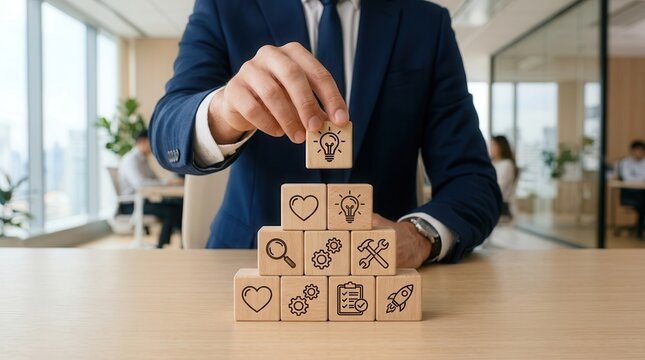 Wooden blocks with icons representing the design thinking process stages for innovation.