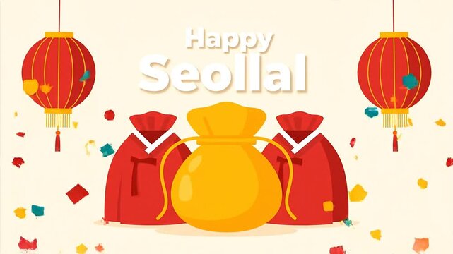 Happy Seollal Korean New Year Celebration with Lucky Money Bags and Lanterns.