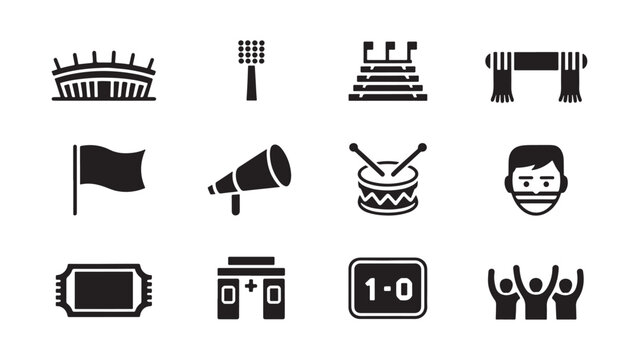 Football Stadium and Fan Experience Icons Set for Sports Events, Broadcasting, and Match Day Vector Illustration