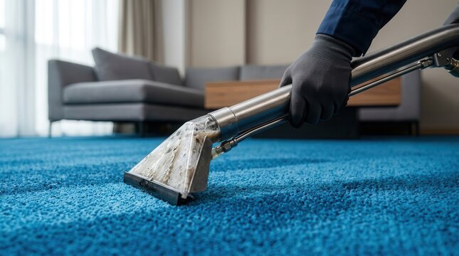 Professional technician using an extraction wand to deep clean a blue carpet in a facility.