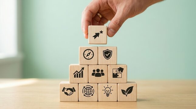Corporate core values represented by icons on wooden blocks for business strategy.