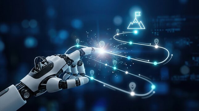 Robotic hand interacting with a technology roadmap interface to symbolize innovation and progress.