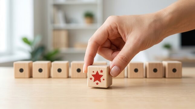 Wooden blocks representing differentiation and marketing strategy concept with a red star icon.