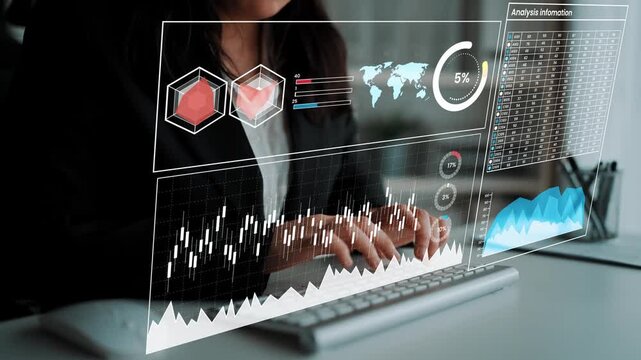 Business professional analyzing data with modern interface on computer, featuring graphs, charts, and world map for digital analysis in office setting Gluon.
