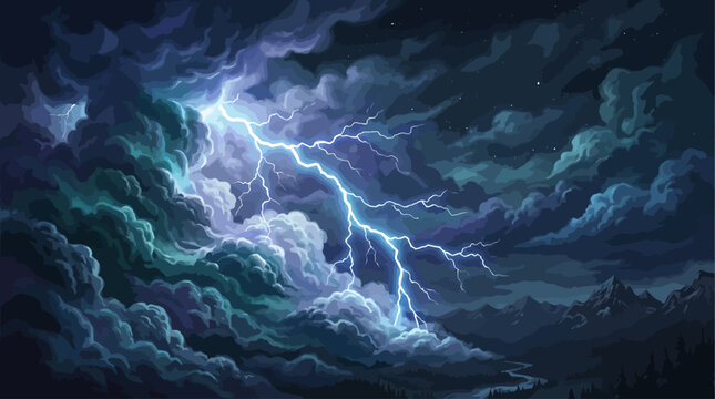 Dramatic Lightning Storm in Night Sky with Dark Clouds Digital Illustration