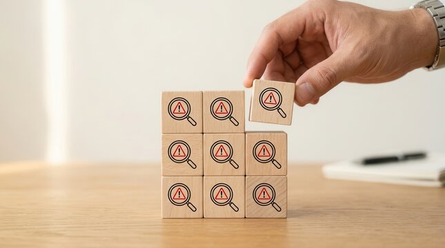 Risk analysis and management concept featuring wooden cube blocks with a magnifying glass and caution sign.