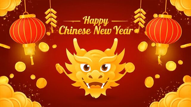 Happy Chinese New Year Dragon Celebration with Firecrackers and Lanterns.