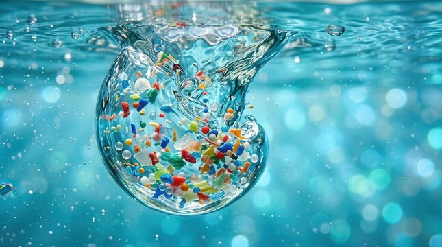 Microplastics floating in clear water showing the environmental impact of plastic pollution.