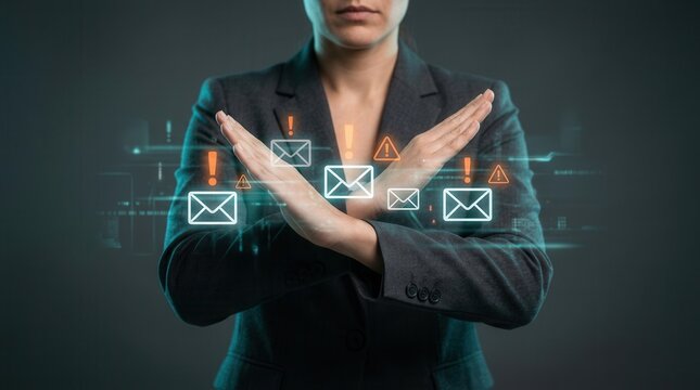 Spam email warning and phishing protection concept with person using crossed arms to stop digital threats.