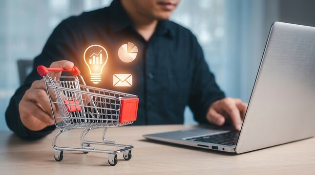 Ecommerce idea featuring a miniature shopping cart and digital analytics icons beside a laptop.