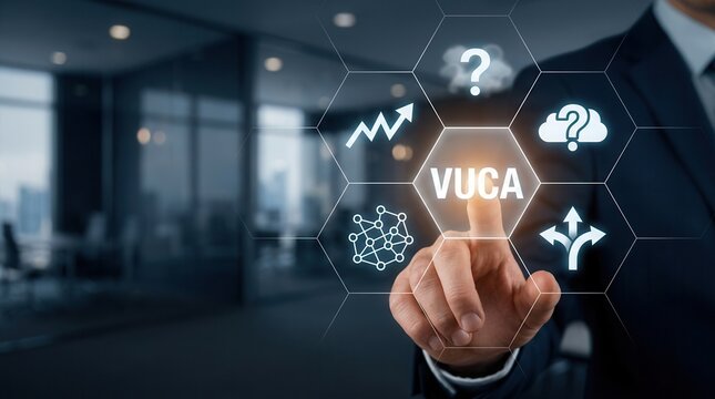 Strategic management concept featuring VUCA text surrounded by volatility, uncertainty, complexity, and ambiguity icons.
