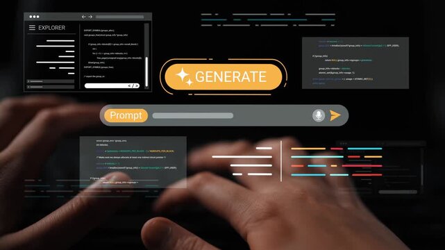 Hands Typing on Keyboard with Abstract Coding Interface and Generate Button for Interactive Tech Experience and Modern Software Development Gluon.