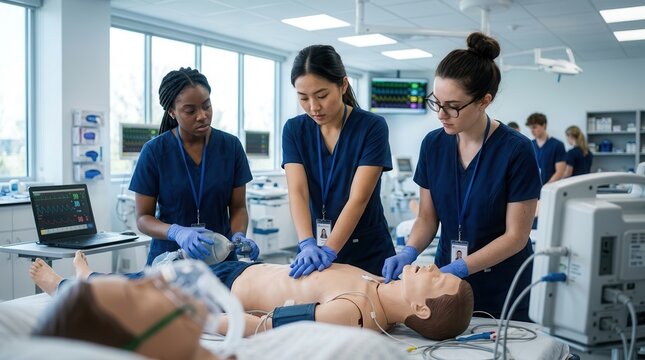 Medical students practicing emergency response scenarios on medical mannequins.