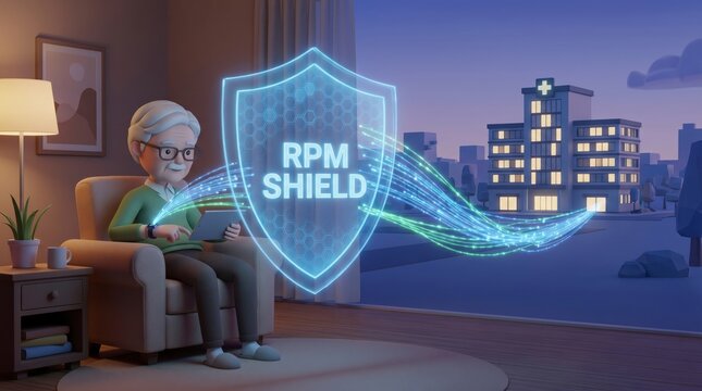 Elderly patient using remote monitoring technology with RPM Shield protection at home