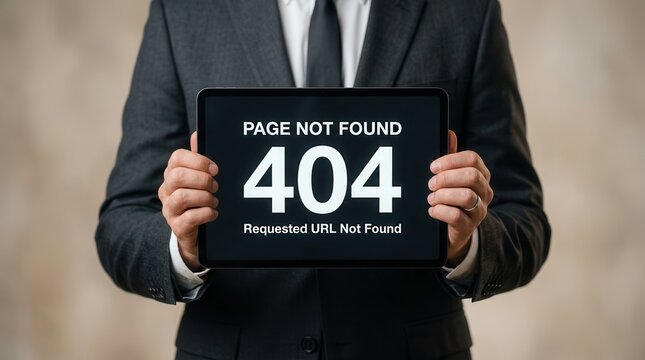 A person in a suit holding a tablet displaying a 404 Page Not Found error.