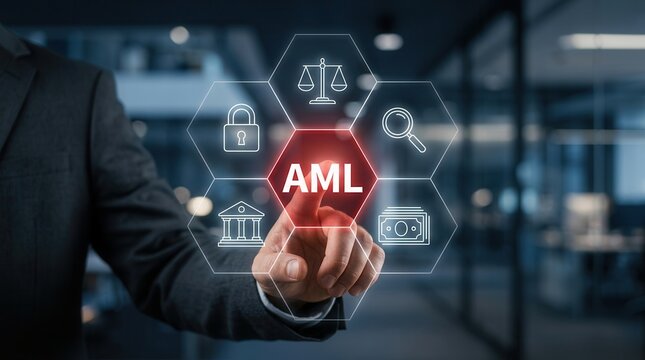 Anti Money Laundering AML regulations and compliance concept with digital interface.