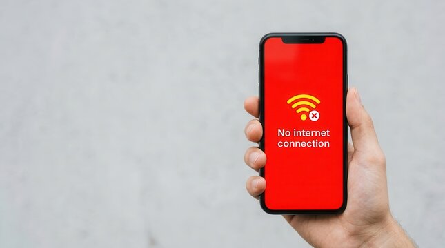 Hand holding a smartphone displaying a no internet connection alert on a red screen.