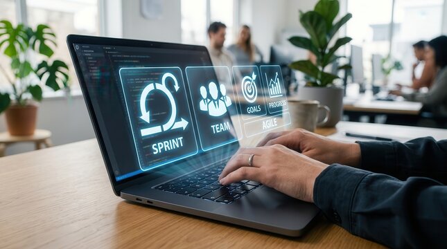 Agile development methodology concept featuring Scrum framework and task sprint teamwork.