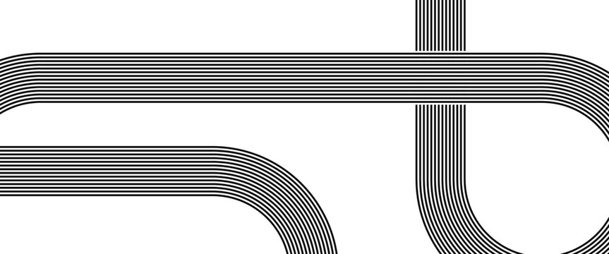 Abstract Minimalist Background with Black Parallel Curved Lines on White, Retro Geometric Striped Pattern Design for Modern Web Banner, Corporate Identity, and Creative Poster