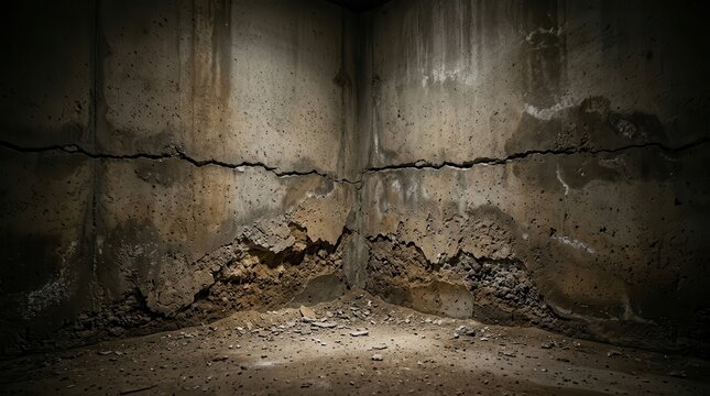 Cracked concrete foundation wall with soil erosion and water staining in a dim basement corner.