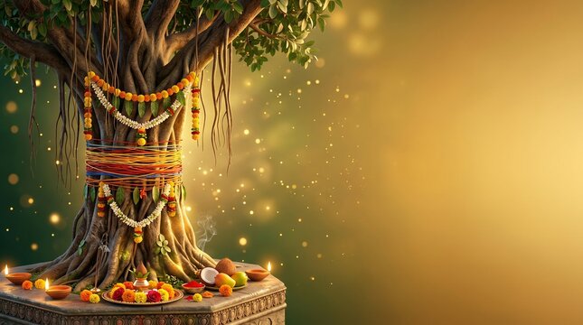 Vat Savitri Vrat Indian Hindu Festival Background with Sacred Threads Wrapped Around Banyan Tree on Elegant Green to Gold Gradient Texture