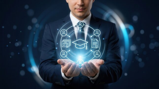 A digital education ecosystem featuring icons of graduation, documents, and connected users for cohort based learning.