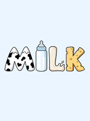 Fototapeta premium Milk Wordmark Creative Graphic Design with Cow Pattern Mountain Baby Bottle and Cheese Icons, Dairy Product Nutrition Farm Breakfast Vector Illustration