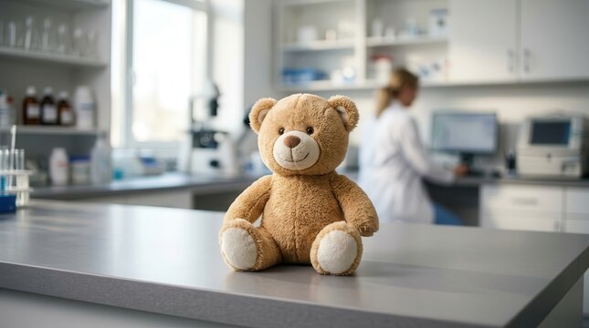 A teddy bear sitting on a clinic counter symbolizing an IVF procedure and embryo transfer.