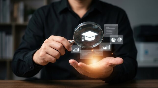 Magnifying glass examining a graduation cap icon for academic research and credential verification