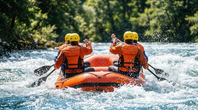 Young people enjoying extreme white water rafting on a turbulent river flow.