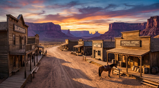 Old West frontier town with wooden buildings, a general store, and a horse tied up at sunset against a desert mesa backdrop