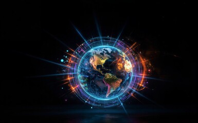 Obraz premium Vibrant digital Earth surrounded by glowing data streams and cosmic