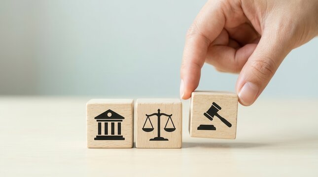 Wooden cube blocks with law, legal, and justice icons on a grey background.