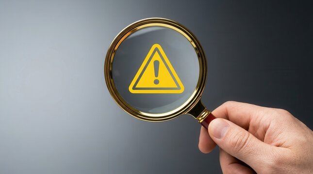 A magnifying glass showing a yellow risk alert symbol on a dark background.