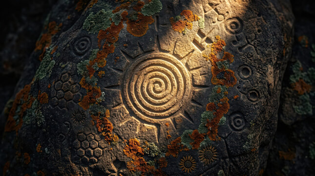Ancient stone carving of a sun symbol with lichen growth. Ancient solar calendar, Solstice mandala