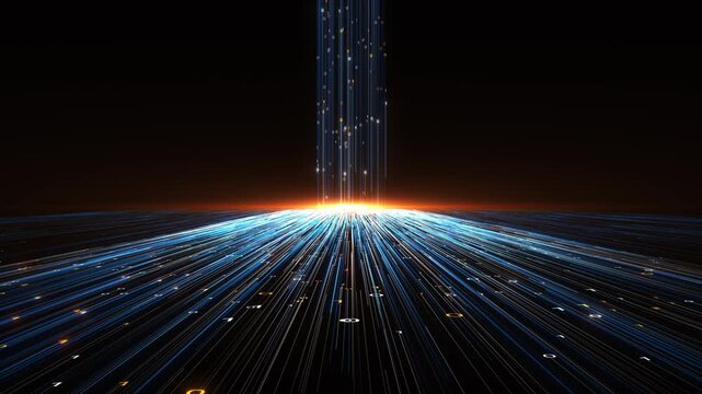 Digital data highway background fast blue light trails, binary symbols, orange horizon glow, code stream. network videos, cloud transfer intros, software promos, cyber visuals, data motion overlays.