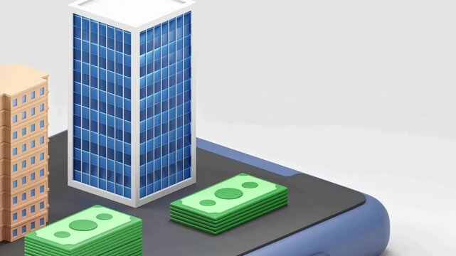 Modern isometric 3d vector illustration of an urban business office building in the city with solar energy panels and a residential apartment design for real estate architecture plans