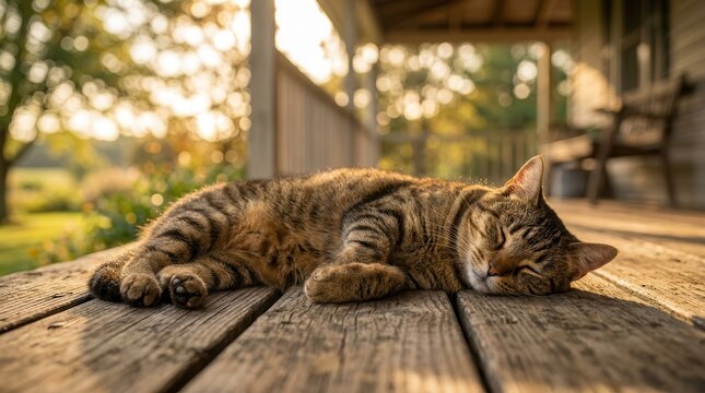 A tabby cat napping on a rustic porch of a farmhouse.