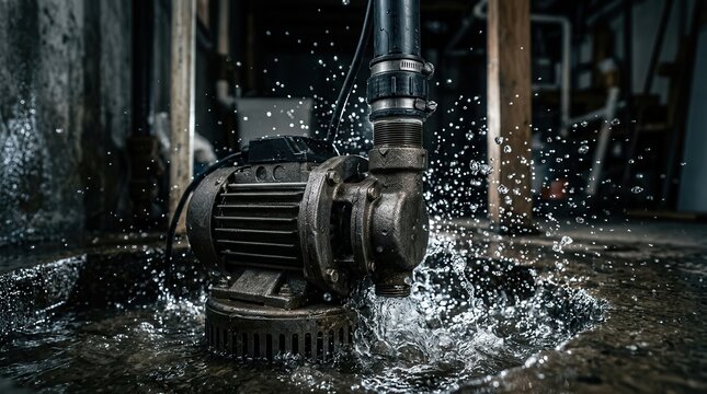 Sump pump in a wet pit with splashing water for maintenance and inspection