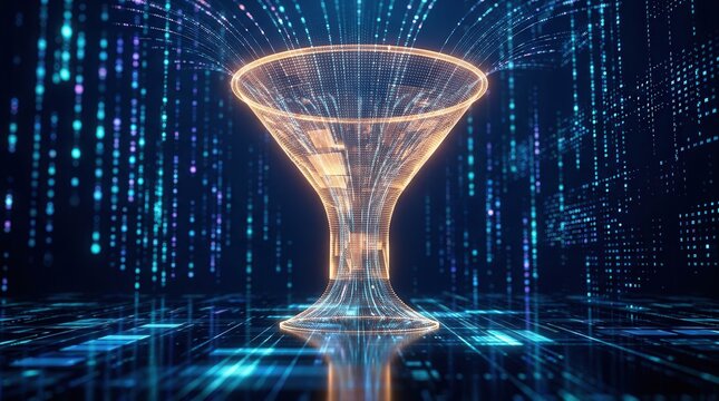 Big data technology concept featuring a digital funnel for data collection and analysis.
